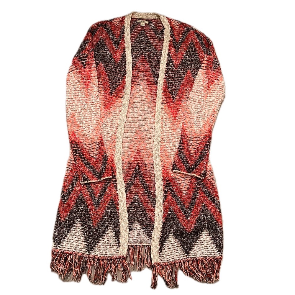 Lucky Brand Chevron Fringe Duster Cardigan sweater medium southwestern print - Picture 4 of 14
